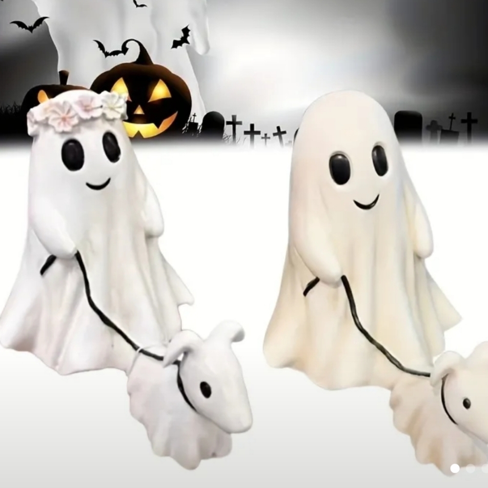 Resin Ghost Figurine with Walking Dog Halloween Decor set of 2